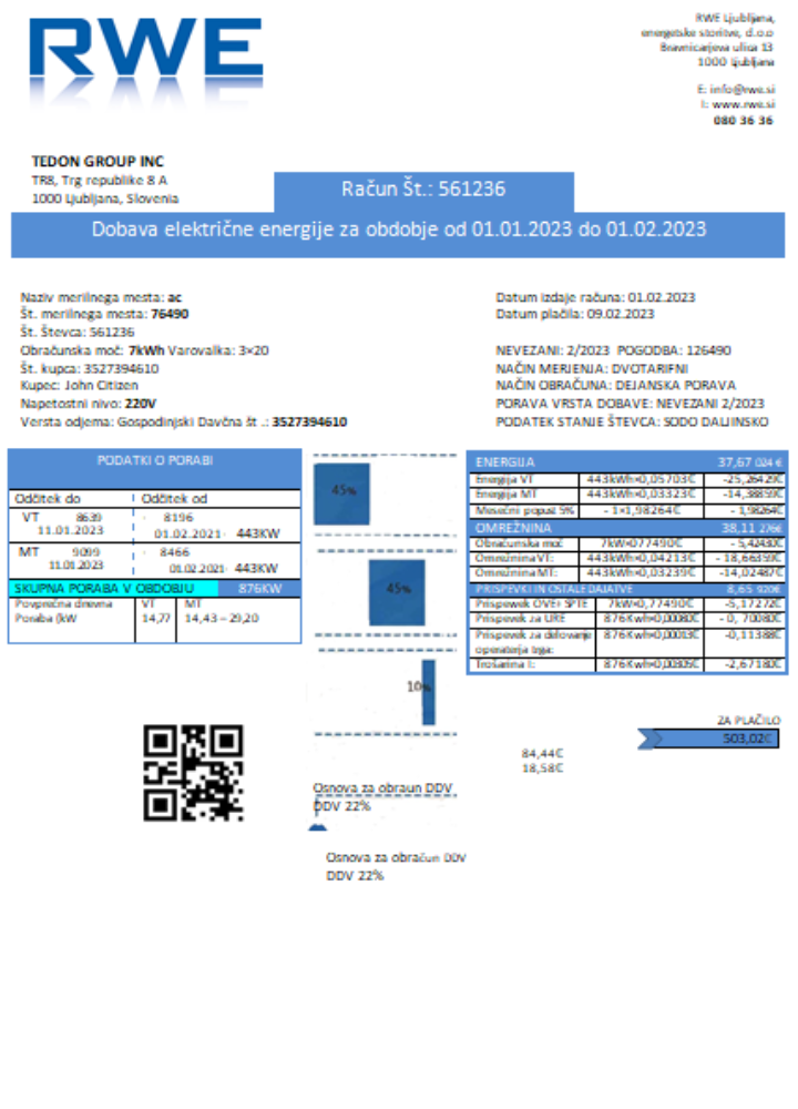 RWE electricity proof of address utility business bill,  SCR PSD template